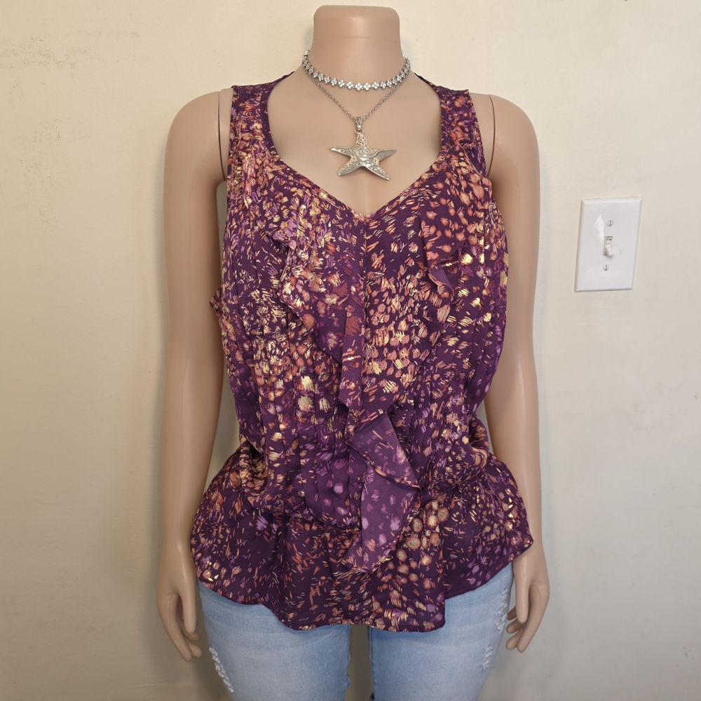 a.n.a Purple and Gold Ruffle V-Neck Tank